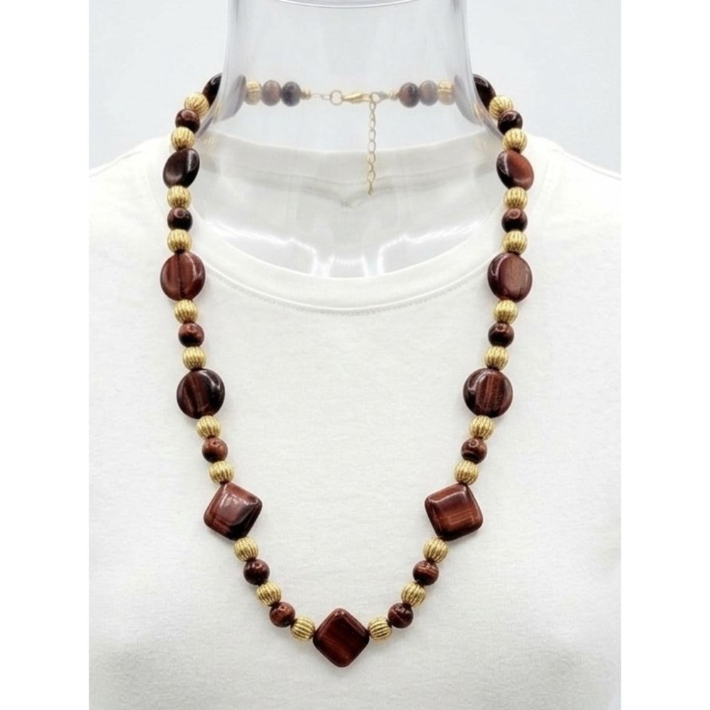 Red Tiger Eye Beaded Necklace Gold Tone Fluted Square Round Stones SKUJ112